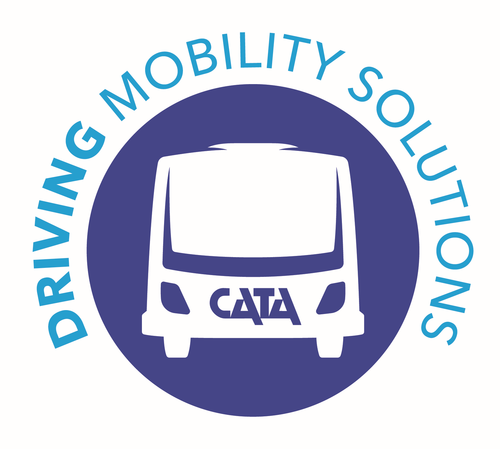 Driving Mobility Solutions blue circle with the back of a bus that reads CATA
